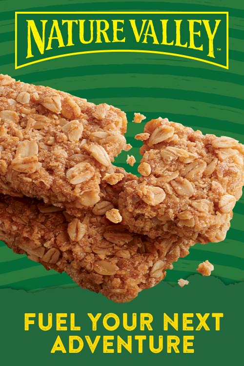Nature Valley logo above an Oat’s N’ Honey Crunchy granola bar with a piece breaking off and the tagline, “Fuel Your Next Adventure,” below.